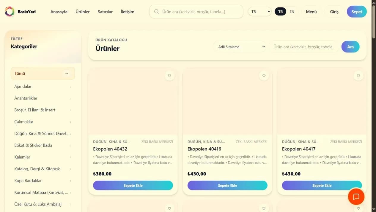 BaskıYeri e-ticaret pazaryeri ürün kataloğu ekran görüntüsü