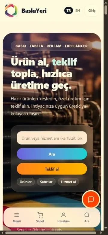 BaskıYeri e-ticaret pazaryeri 375 piksel mobil görünümü