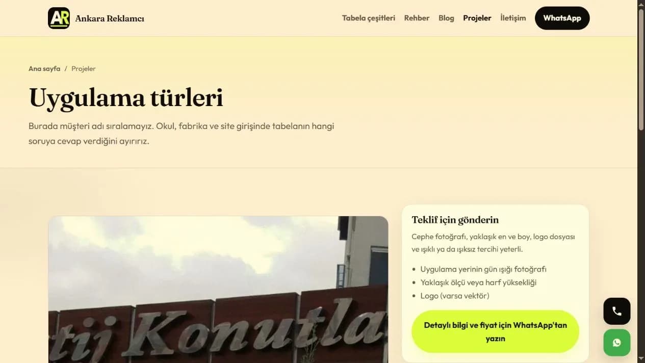 Ankara Reklamcı web sitesi uygulama türleri sayfası ekran görüntüsü