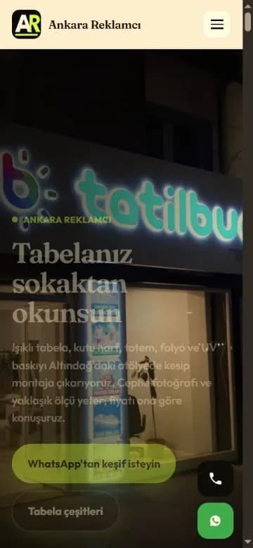 Ankara Reklamcı web sitesi 375 piksel mobil görünümü