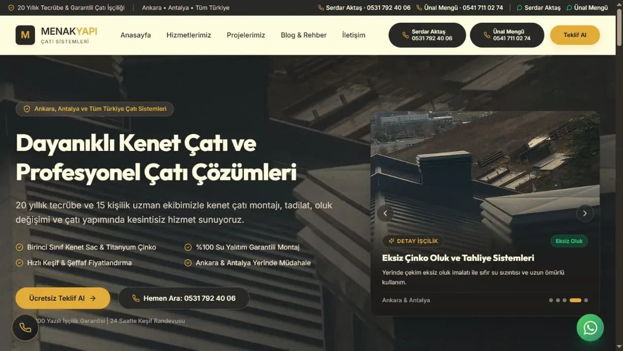 MenakYapı kurumsal web sitesi masaüstü ana sayfa ekran görüntüsü
