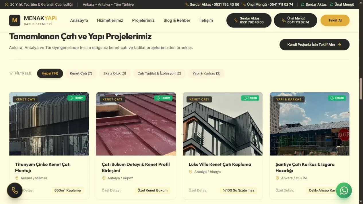 MenakYapı web sitesinin uygulama projeleri bölümü ekran görüntüsü