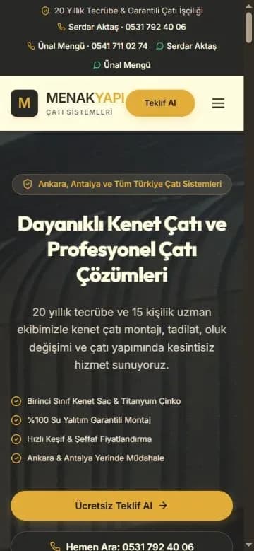 MenakYapı kurumsal web sitesi 375 piksel mobil görünümü