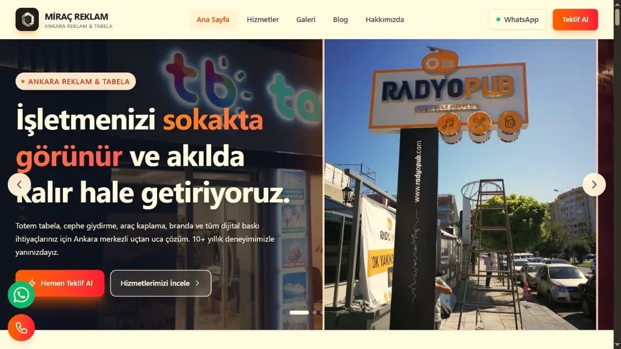Miraç Reklam web sitesi masaüstü ana sayfa ekran görüntüsü