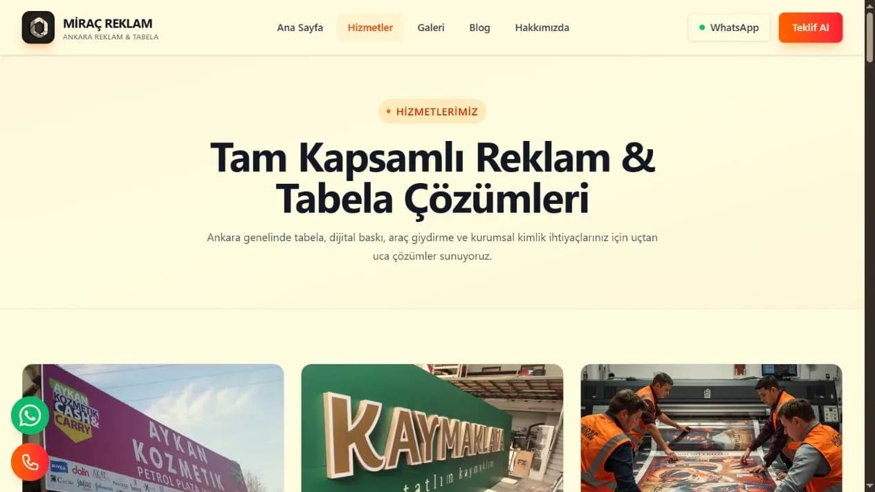 Miraç Reklam web sitesi hizmetler sayfası ekran görüntüsü