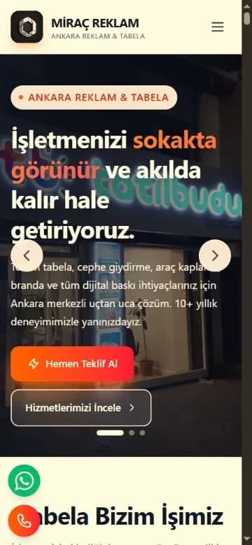 Miraç Reklam web sitesi 375 piksel mobil görünümü