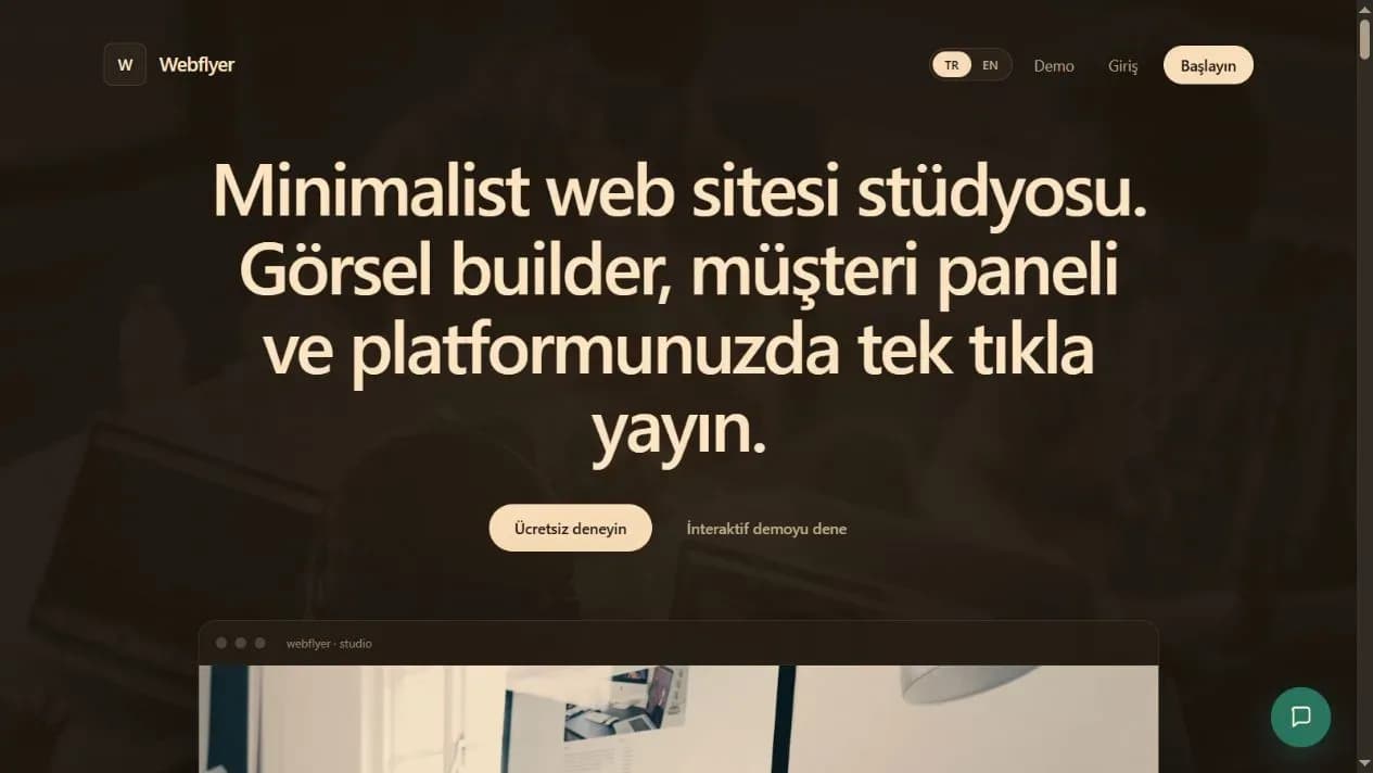 Webflyer web sitesi oluşturma platformu masaüstü ana sayfa ekran görüntüsü
